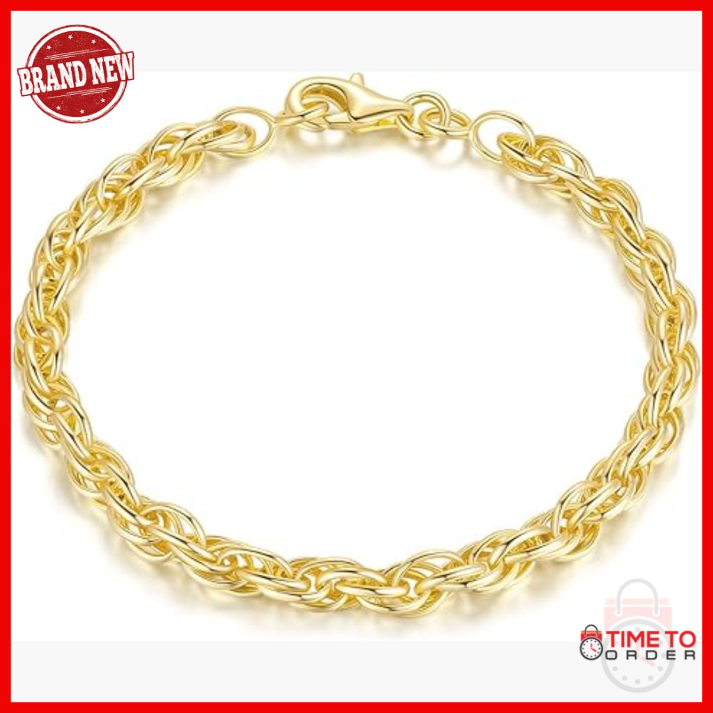 14k Gold Plated Rope Chain Bracelet 4.5mm 6.5-9in Unisex